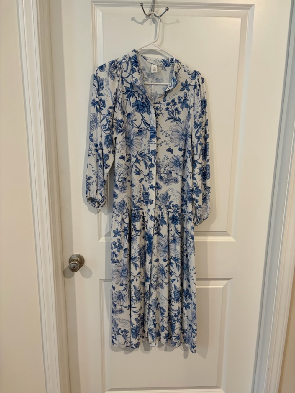 H&M White Midi Dress with Blue Floral Print